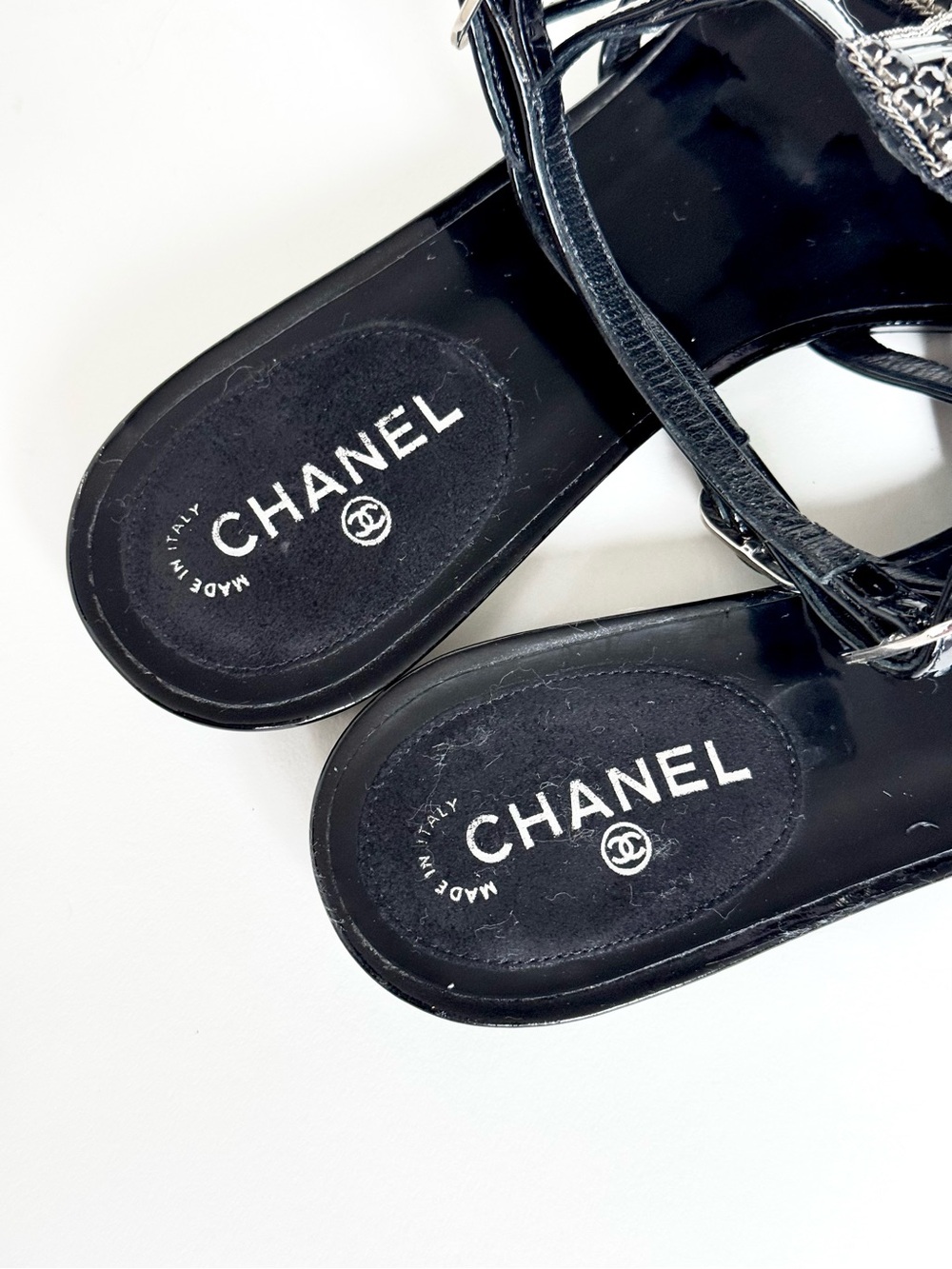 CHANEL Black Patent Leather Beaded and Jeweled Slingback Sandals - Size 36 - Picture 7 of 10